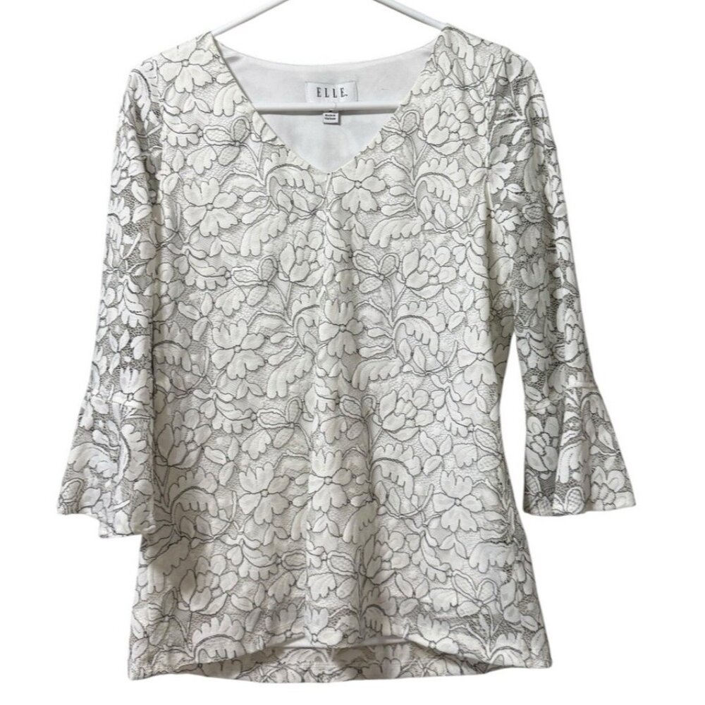 ELLE white floral lace lined Scoop Neck 3/4 bell sleeve blouse women's size M
